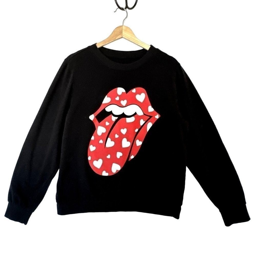 The Rolling Stones Sweatshirt Women L Heart LIps Tongue Black Red Crewneck